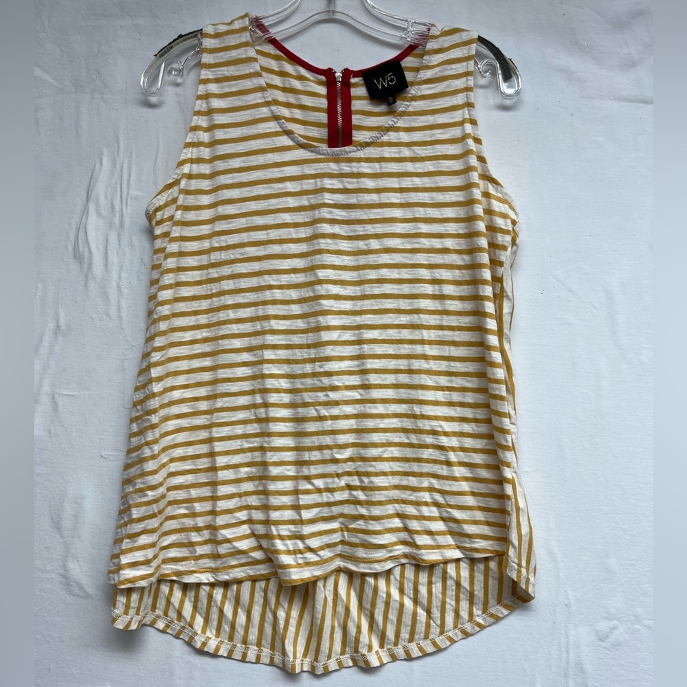 W5 Anthropologie Boho Nautical Striped Hi-Lo Tank Top | Red Zipper Accent Size M